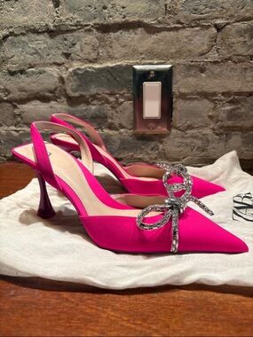 Zara Hot Pink Pointed Slingback Heels with Crystal Bow